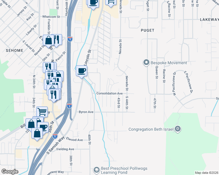 map of restaurants, bars, coffee shops, grocery stores, and more near 809 Blueberry Lane in Bellingham