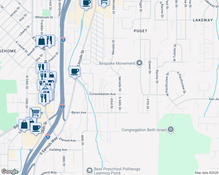map of restaurants, bars, coffee shops, grocery stores, and more near 832 Blueberry Lane in Bellingham