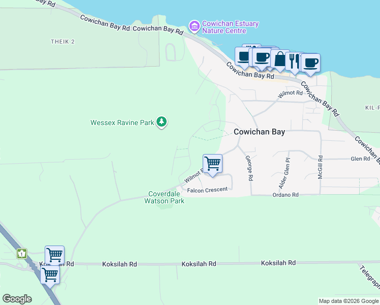 map of restaurants, bars, coffee shops, grocery stores, and more near 1900 Vee Road in Cowichan Bay