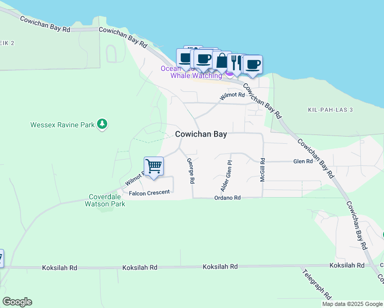 map of restaurants, bars, coffee shops, grocery stores, and more near 4685 George Road in Cowichan Bay