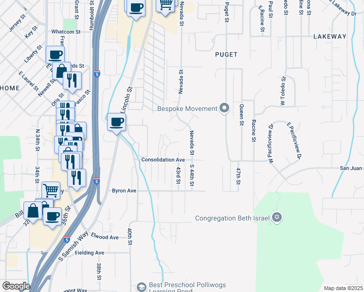 map of restaurants, bars, coffee shops, grocery stores, and more near 832 Blueberry Lane in Bellingham