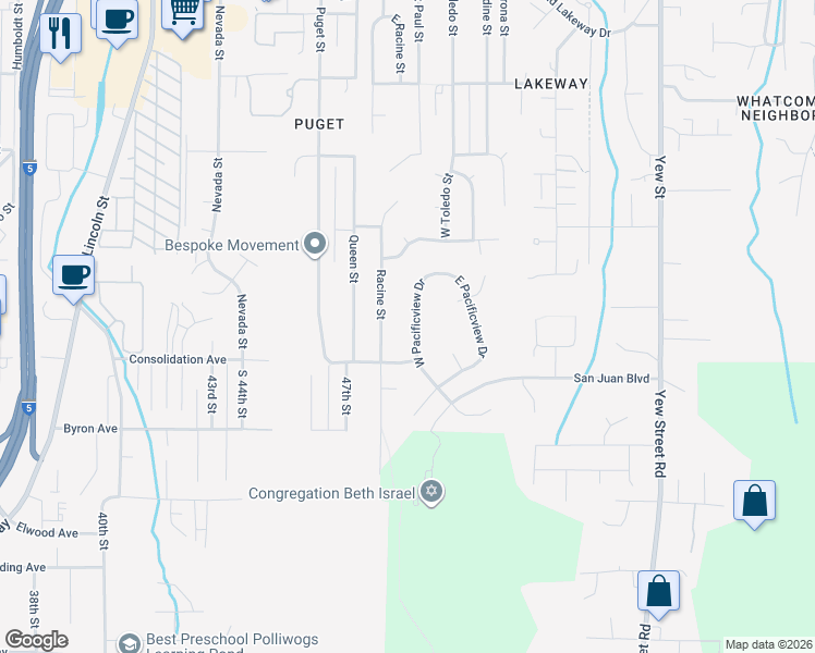 map of restaurants, bars, coffee shops, grocery stores, and more near 817 West Pacificview Drive in Bellingham