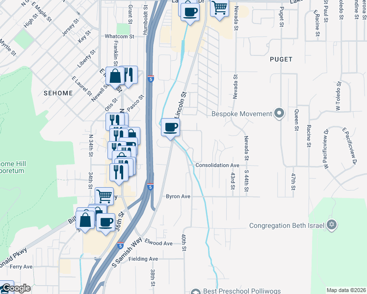 map of restaurants, bars, coffee shops, grocery stores, and more near 1705 East Maple Street in Bellingham