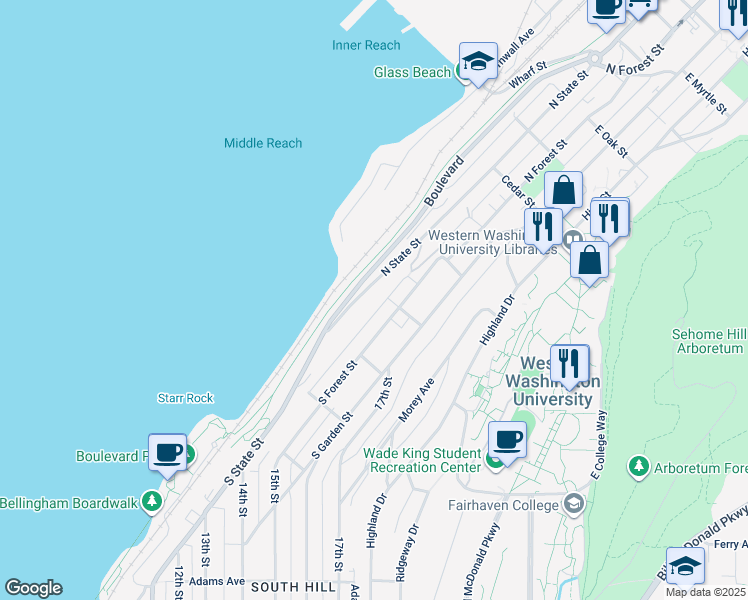 map of restaurants, bars, coffee shops, grocery stores, and more near 110 Forest Lane in Bellingham