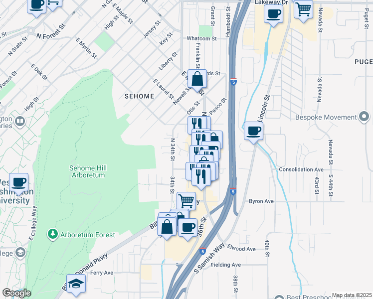 map of restaurants, bars, coffee shops, grocery stores, and more near 119 North Samish Way in Bellingham