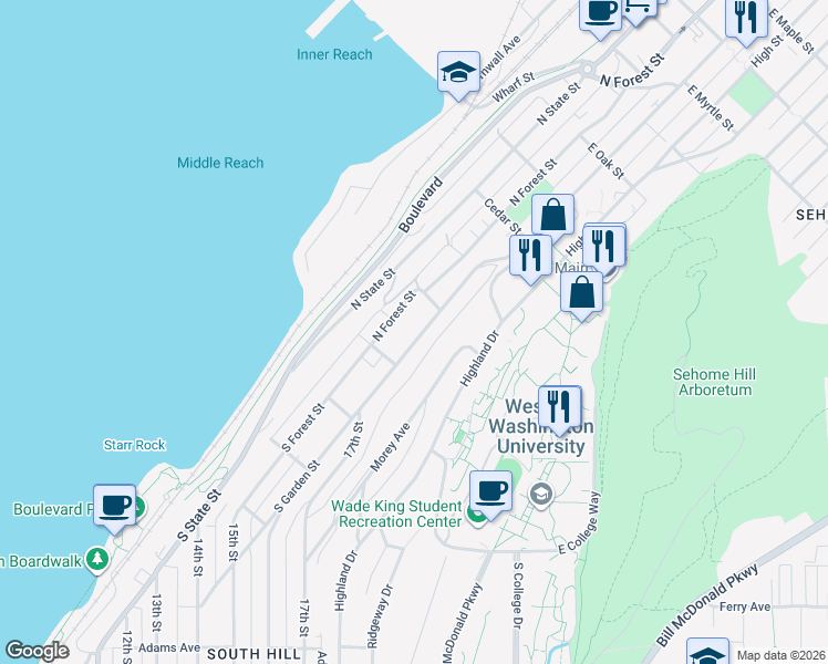 map of restaurants, bars, coffee shops, grocery stores, and more near 239 North Garden Street in Bellingham