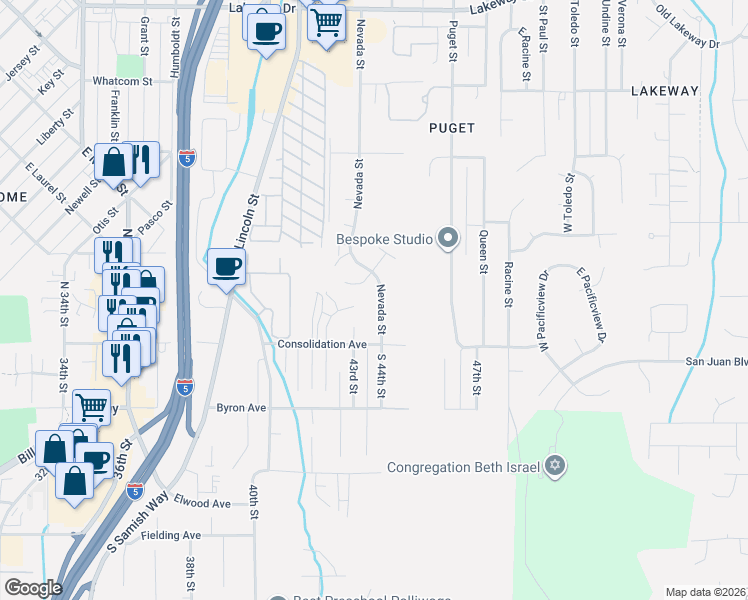 map of restaurants, bars, coffee shops, grocery stores, and more near 832 Blueberry Lane in Bellingham