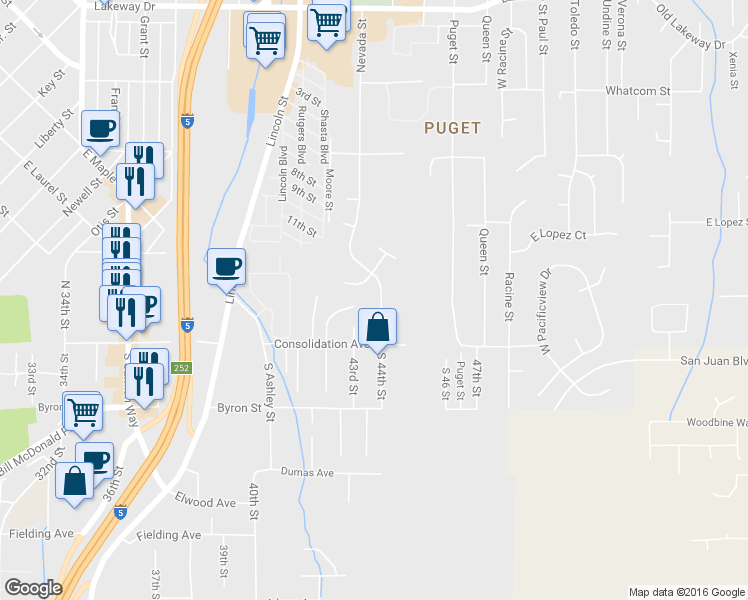 map of restaurants, bars, coffee shops, grocery stores, and more near 832 Blueberry Lane in Bellingham