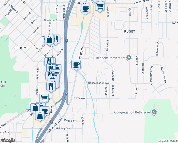 map of restaurants, bars, coffee shops, grocery stores, and more near 4109 Consolidation Avenue in Bellingham