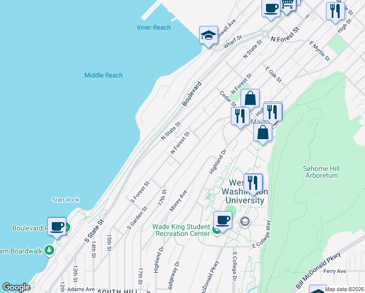 map of restaurants, bars, coffee shops, grocery stores, and more near 239 North Garden Street in Bellingham