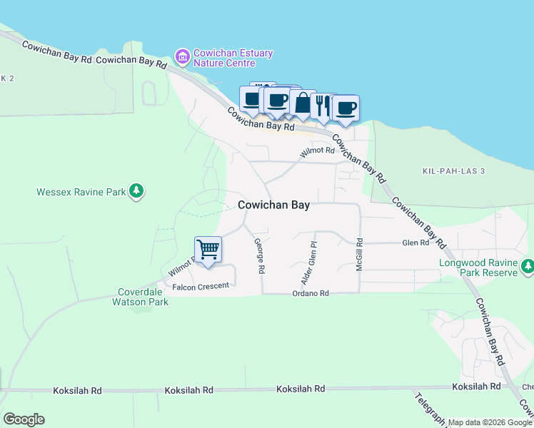 map of restaurants, bars, coffee shops, grocery stores, and more near 1768 Wilmot Road in Cowichan Bay