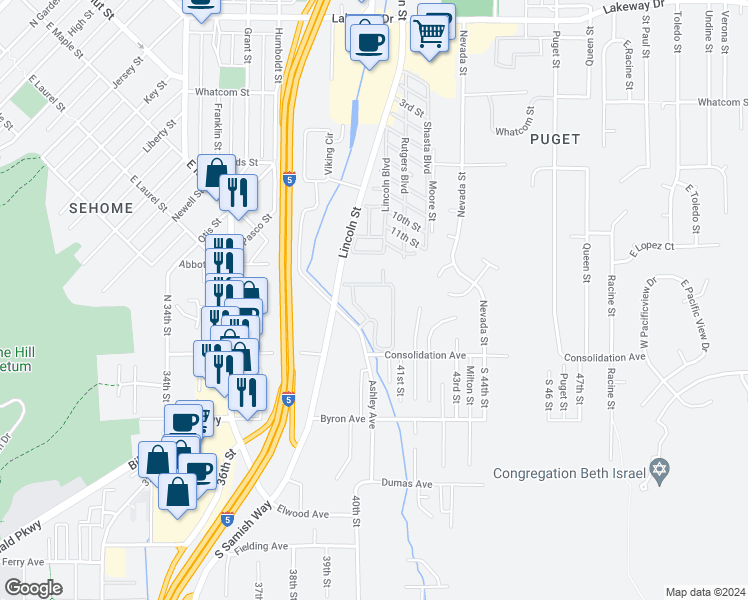 map of restaurants, bars, coffee shops, grocery stores, and more near 1705 East Maple Street in Bellingham