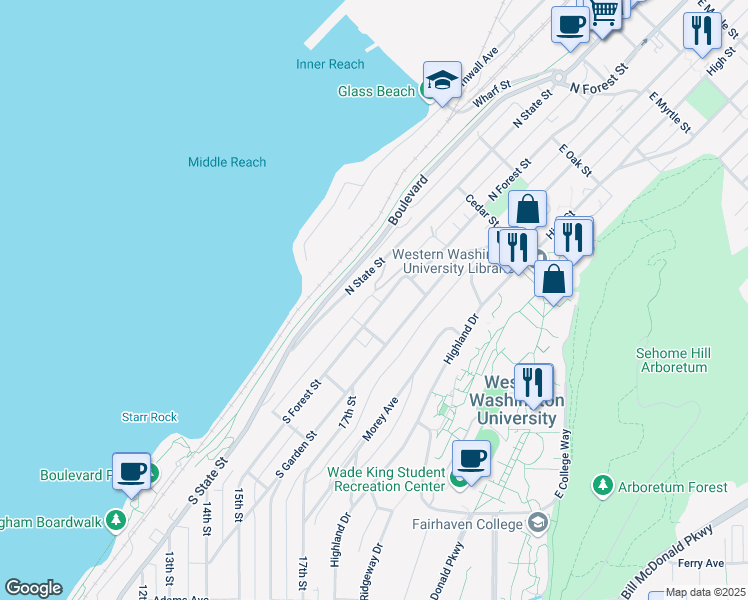 map of restaurants, bars, coffee shops, grocery stores, and more near 207 North Forest Street in Bellingham