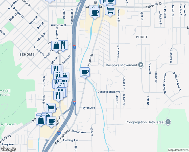 map of restaurants, bars, coffee shops, grocery stores, and more near 1705 East Maple Street in Bellingham