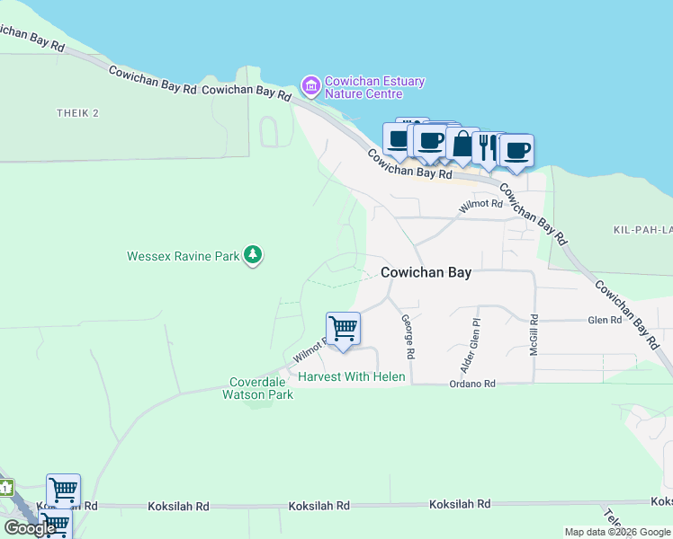 map of restaurants, bars, coffee shops, grocery stores, and more near 4616 Mallard Way in Cowichan Bay