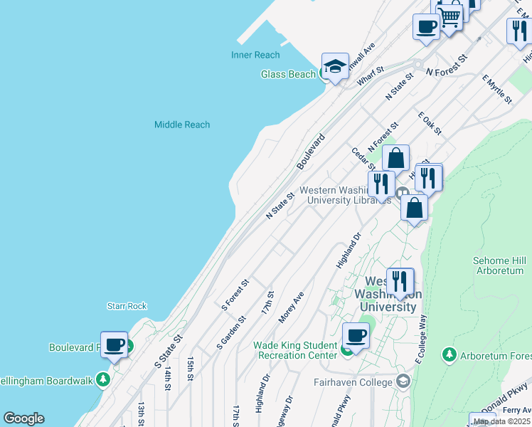 map of restaurants, bars, coffee shops, grocery stores, and more near 223 North State Street in Bellingham