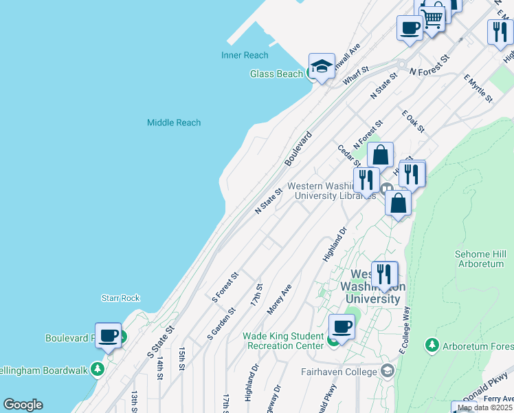 map of restaurants, bars, coffee shops, grocery stores, and more near 223 North State Street in Bellingham