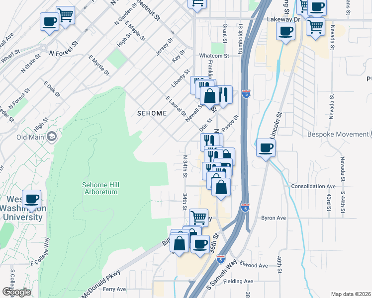 map of restaurants, bars, coffee shops, grocery stores, and more near 209 North 34th Street in Bellingham