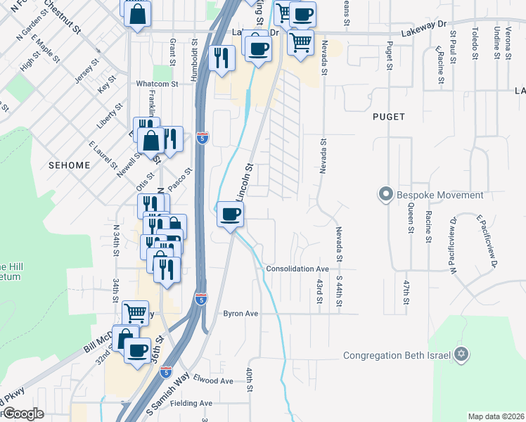 map of restaurants, bars, coffee shops, grocery stores, and more near 1723 East Maple Street in Bellingham