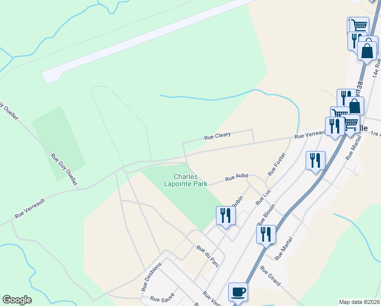 map of restaurants, bars, coffee shops, grocery stores, and more near 138 Rue Verreault in Forestville