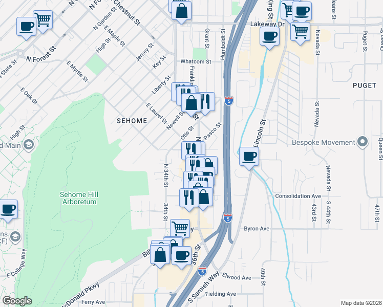 map of restaurants, bars, coffee shops, grocery stores, and more near 215 North Samish Way in Bellingham