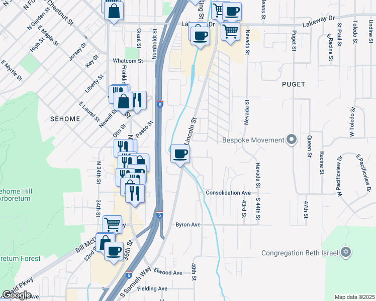 map of restaurants, bars, coffee shops, grocery stores, and more near 950 Lincoln Street in Bellingham