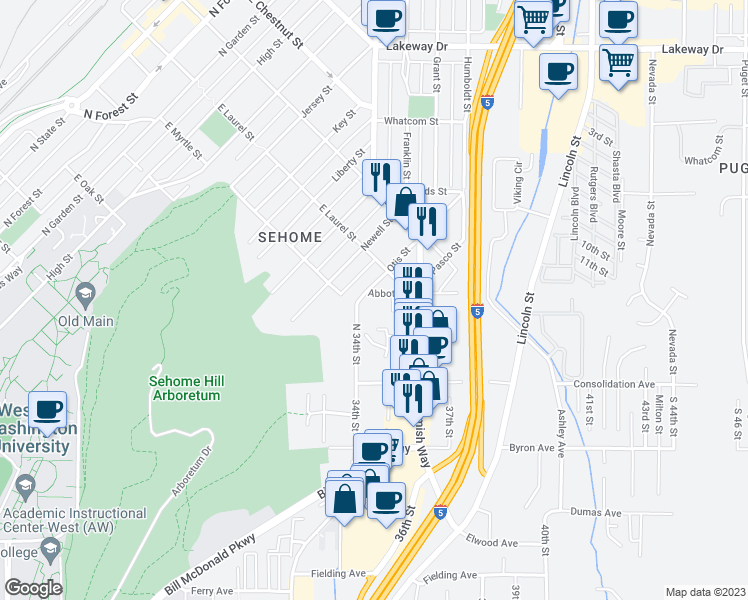 map of restaurants, bars, coffee shops, grocery stores, and more near 3422 Abbott Street in Bellingham