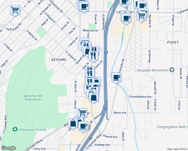 map of restaurants, bars, coffee shops, grocery stores, and more near 218 North Samish Way in Bellingham