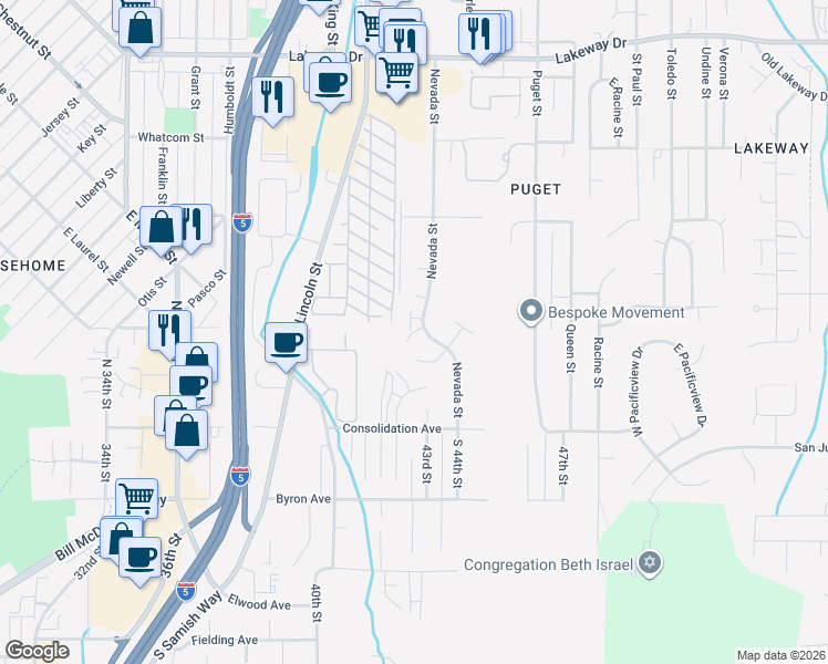 map of restaurants, bars, coffee shops, grocery stores, and more near 908 Nevada Street in Bellingham