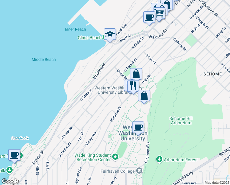 map of restaurants, bars, coffee shops, grocery stores, and more near 400 North Garden Terrace in Bellingham