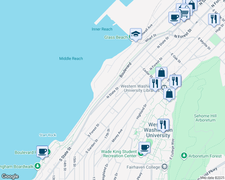 map of restaurants, bars, coffee shops, grocery stores, and more near 239 North State Street in Bellingham