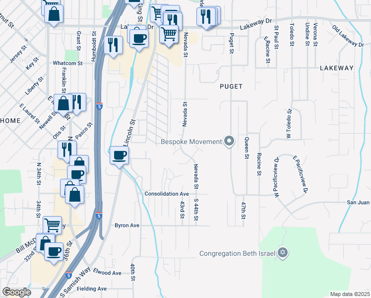 map of restaurants, bars, coffee shops, grocery stores, and more near 908 Nevada Street in Bellingham