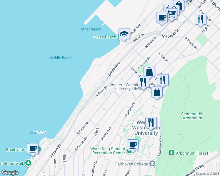 map of restaurants, bars, coffee shops, grocery stores, and more near 255 North Forest Street in Bellingham