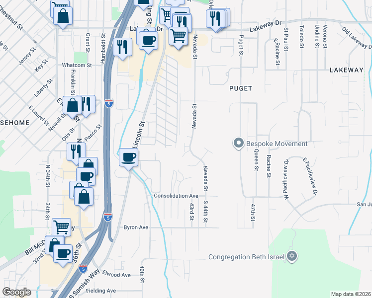map of restaurants, bars, coffee shops, grocery stores, and more near 908 Nevada Street in Bellingham
