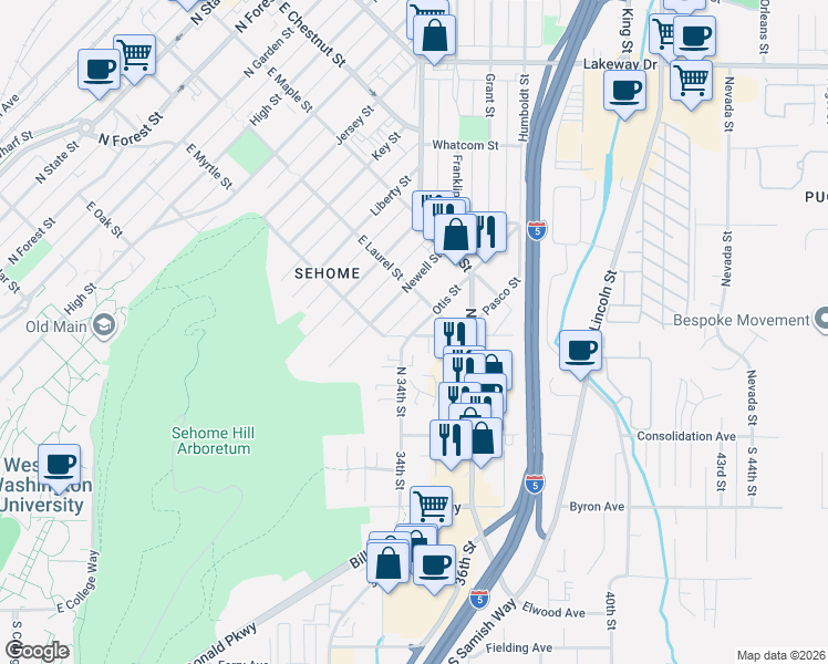 map of restaurants, bars, coffee shops, grocery stores, and more near 3426 Abbott Street in Bellingham