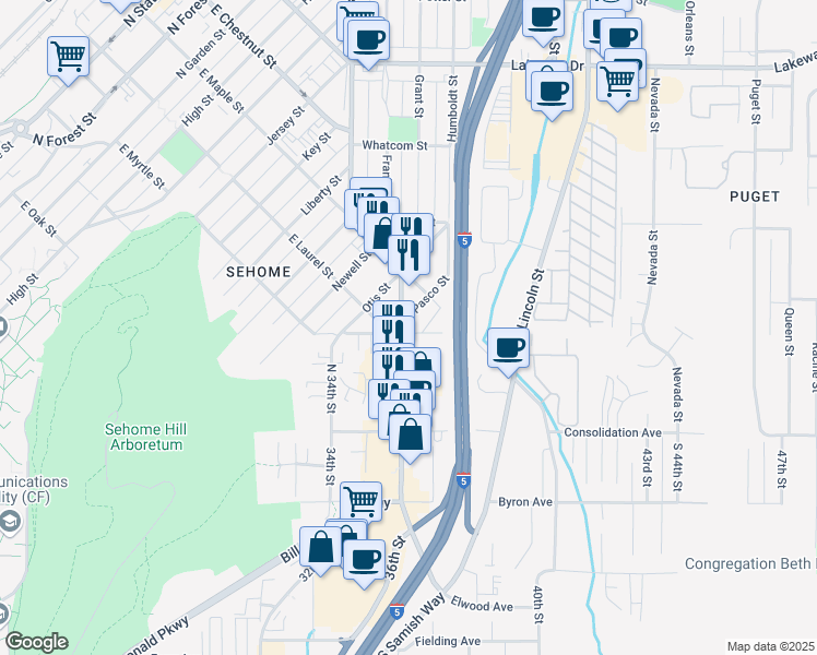 map of restaurants, bars, coffee shops, grocery stores, and more near 218 North Samish Way in Bellingham