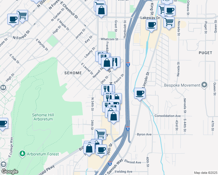 map of restaurants, bars, coffee shops, grocery stores, and more near in Bellingham