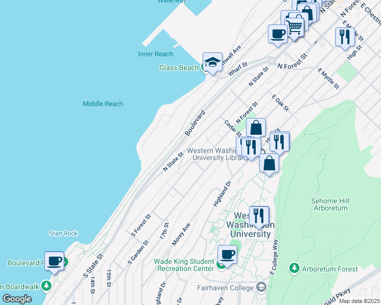 map of restaurants, bars, coffee shops, grocery stores, and more near 255 North Forest Street in Bellingham