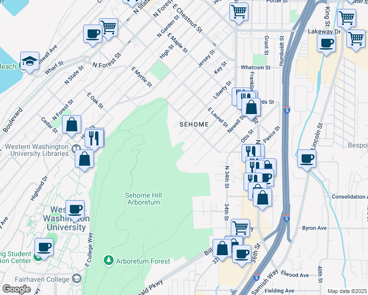 map of restaurants, bars, coffee shops, grocery stores, and more near 805 Mason Street in Bellingham