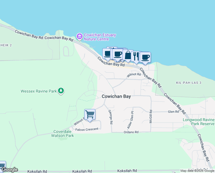 map of restaurants, bars, coffee shops, grocery stores, and more near 1755 Wilmot Road in Cowichan Bay