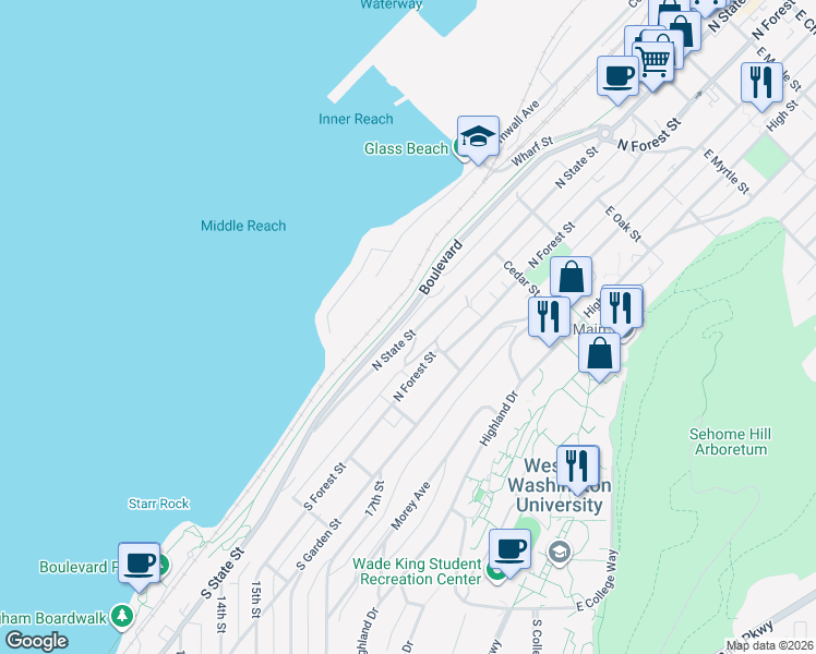 map of restaurants, bars, coffee shops, grocery stores, and more near 239 North State Street in Bellingham