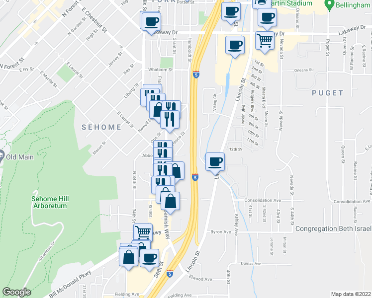 map of restaurants, bars, coffee shops, grocery stores, and more near 1414 East Maple Street in Bellingham