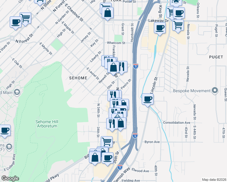 map of restaurants, bars, coffee shops, grocery stores, and more near 215 North Samish Way in Bellingham