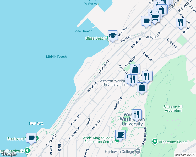 map of restaurants, bars, coffee shops, grocery stores, and more near 317 North State Street in Bellingham