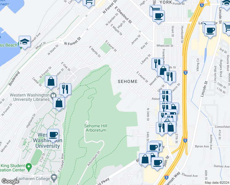 map of restaurants, bars, coffee shops, grocery stores, and more near 805 Mason Street in Bellingham