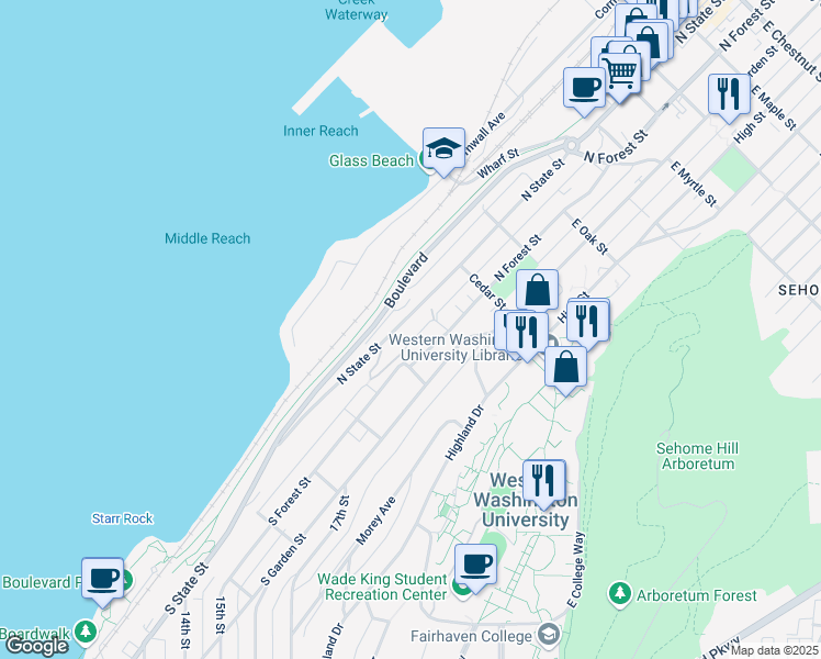 map of restaurants, bars, coffee shops, grocery stores, and more near 255 North Forest Street in Bellingham