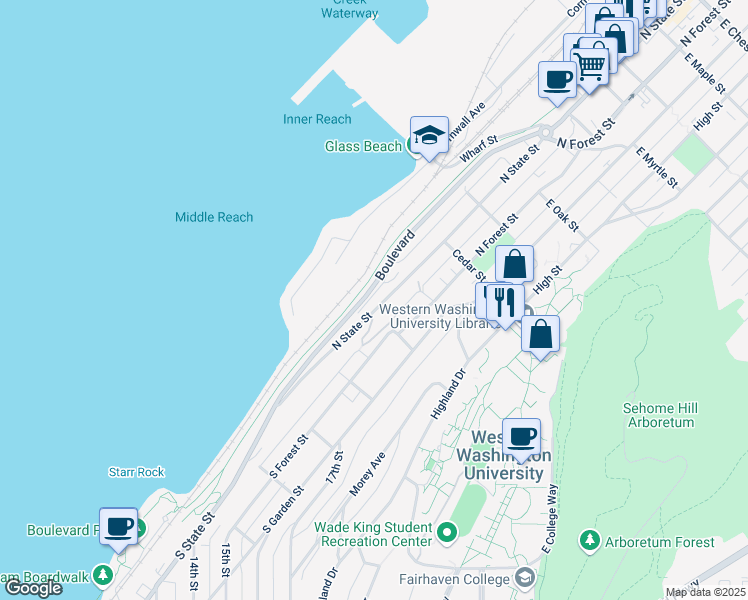 map of restaurants, bars, coffee shops, grocery stores, and more near 255 North Forest Street in Bellingham