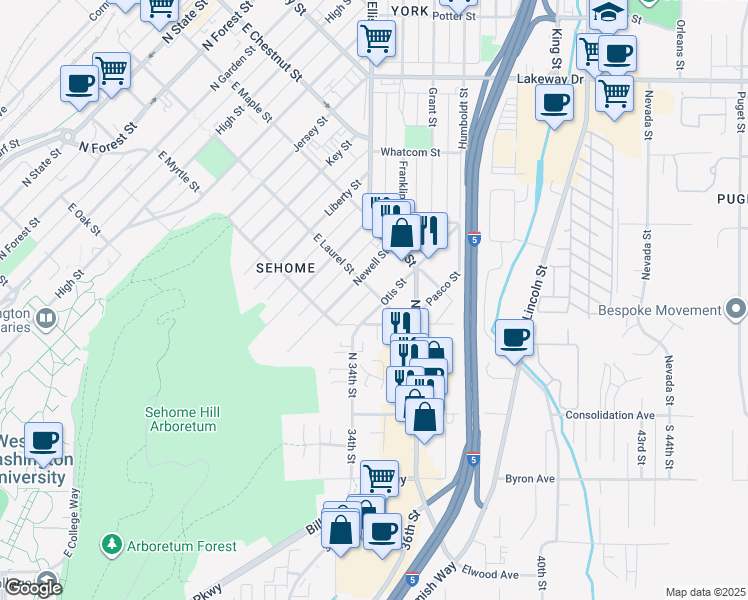 map of restaurants, bars, coffee shops, grocery stores, and more near 3426 Abbott Street in Bellingham