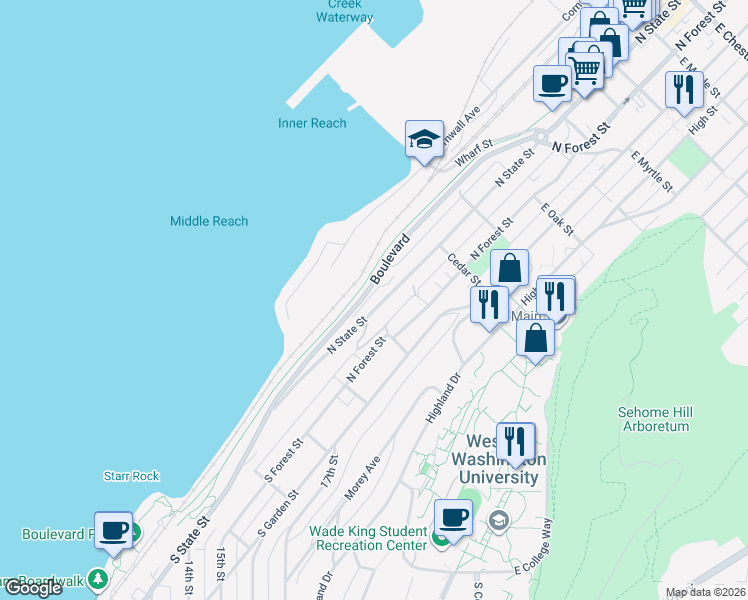 map of restaurants, bars, coffee shops, grocery stores, and more near 255 North Forest Street in Bellingham