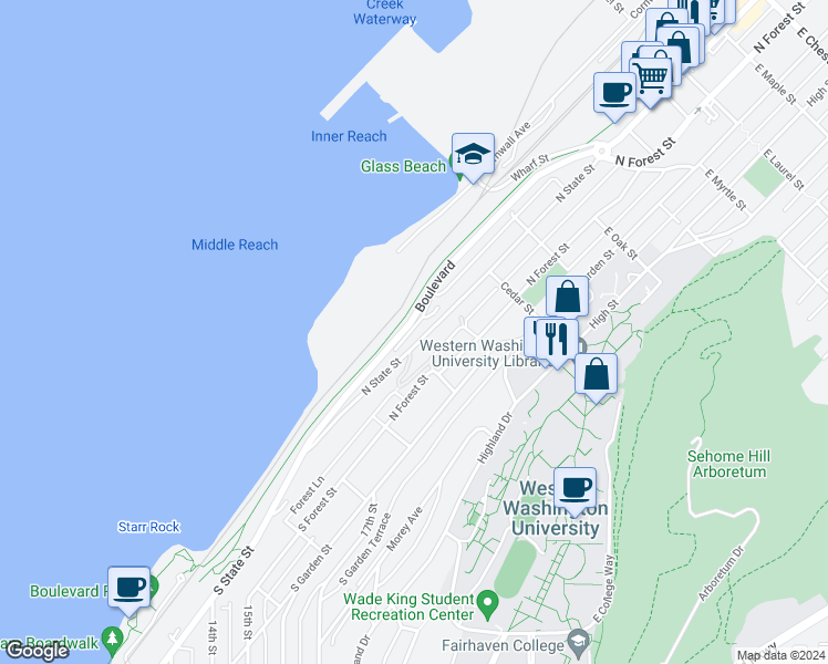 map of restaurants, bars, coffee shops, grocery stores, and more near 255 North Forest Street in Bellingham